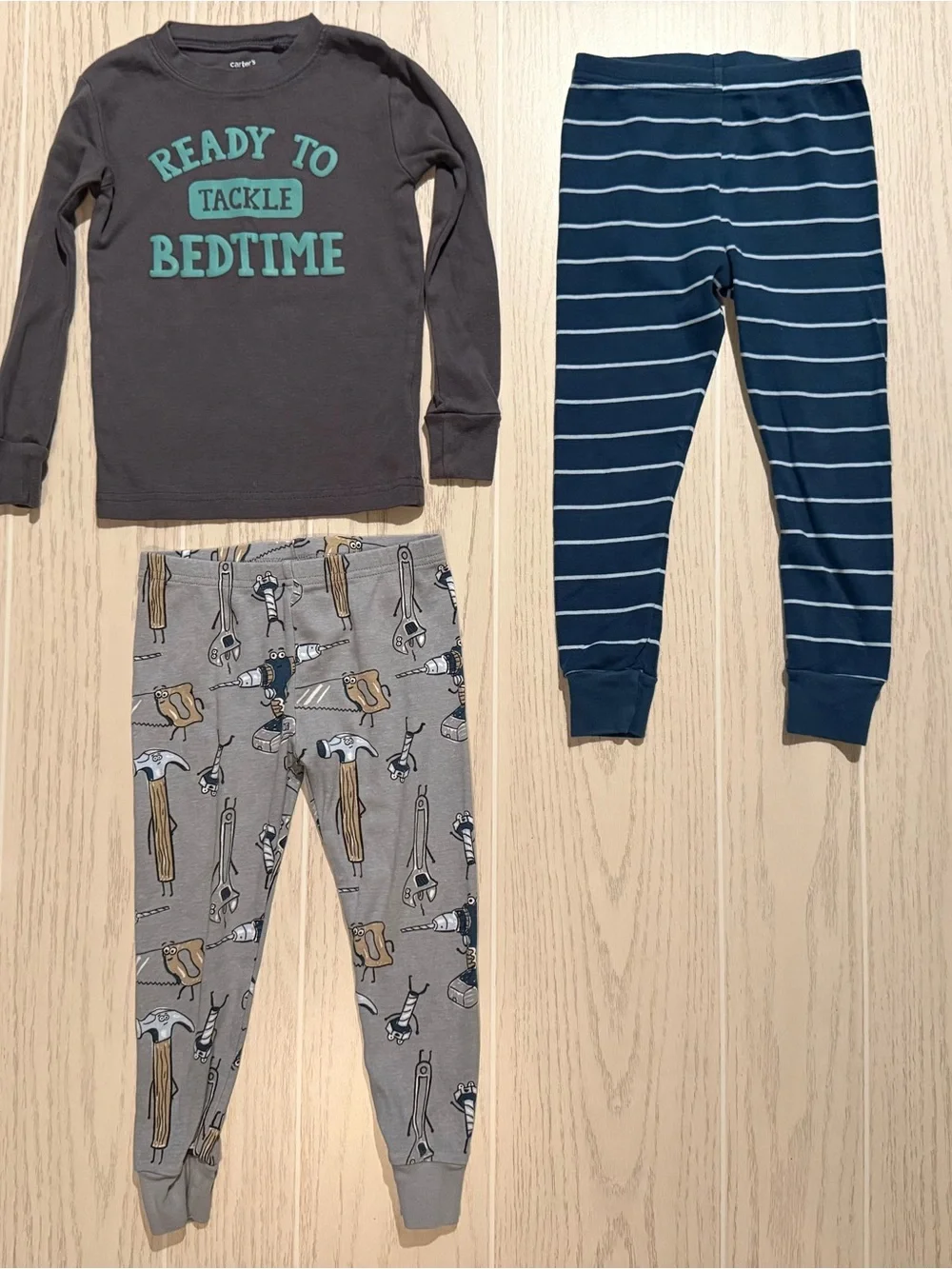 Carter’s Boys 3T 3 Piece Cotton Pajama Set Tools Striped Long Sleeve PJs